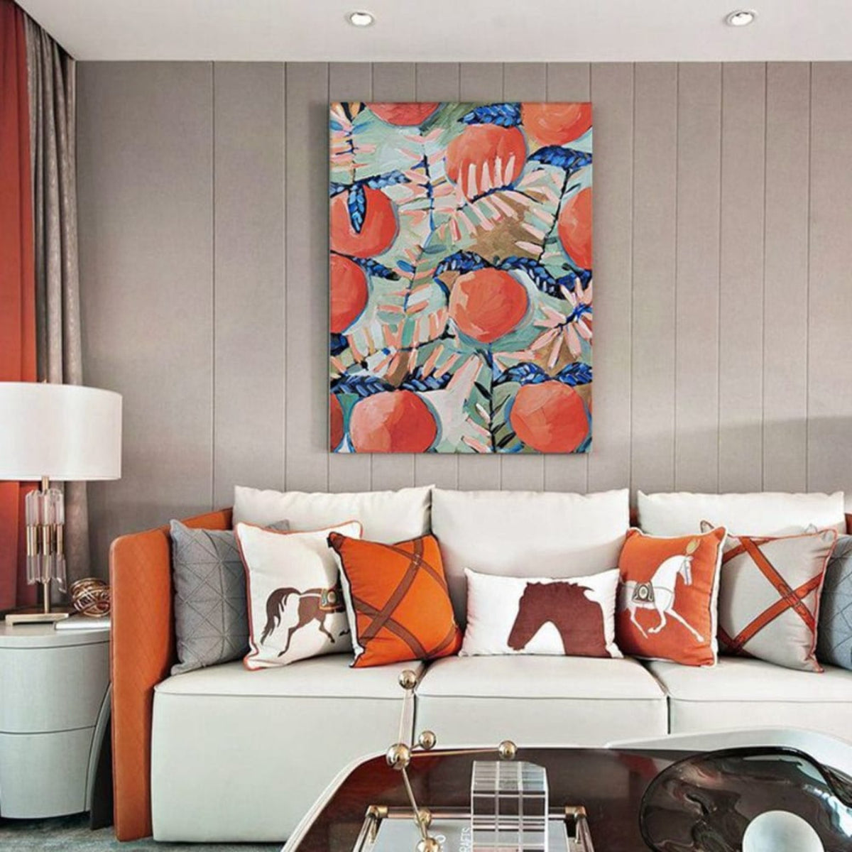 Room mockup. Large orange-red fruits and pale pink and green tropical leaves overlap dark blue stems in a dense decorative pattern.