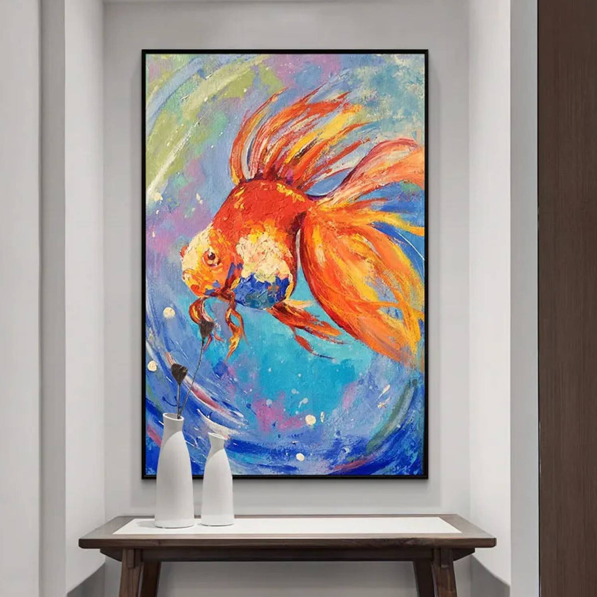 Room mockup. An orange and red goldfish with long flowing fins swims through blue, turquoise and pale green swirling strokes.