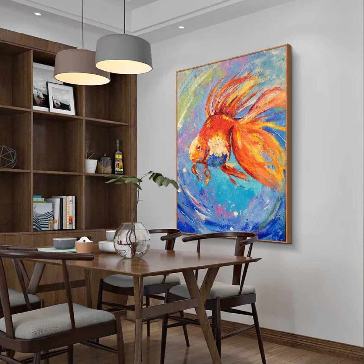 Room mockup. An orange and red goldfish with long flowing fins swims through blue, turquoise and pale green swirling strokes.