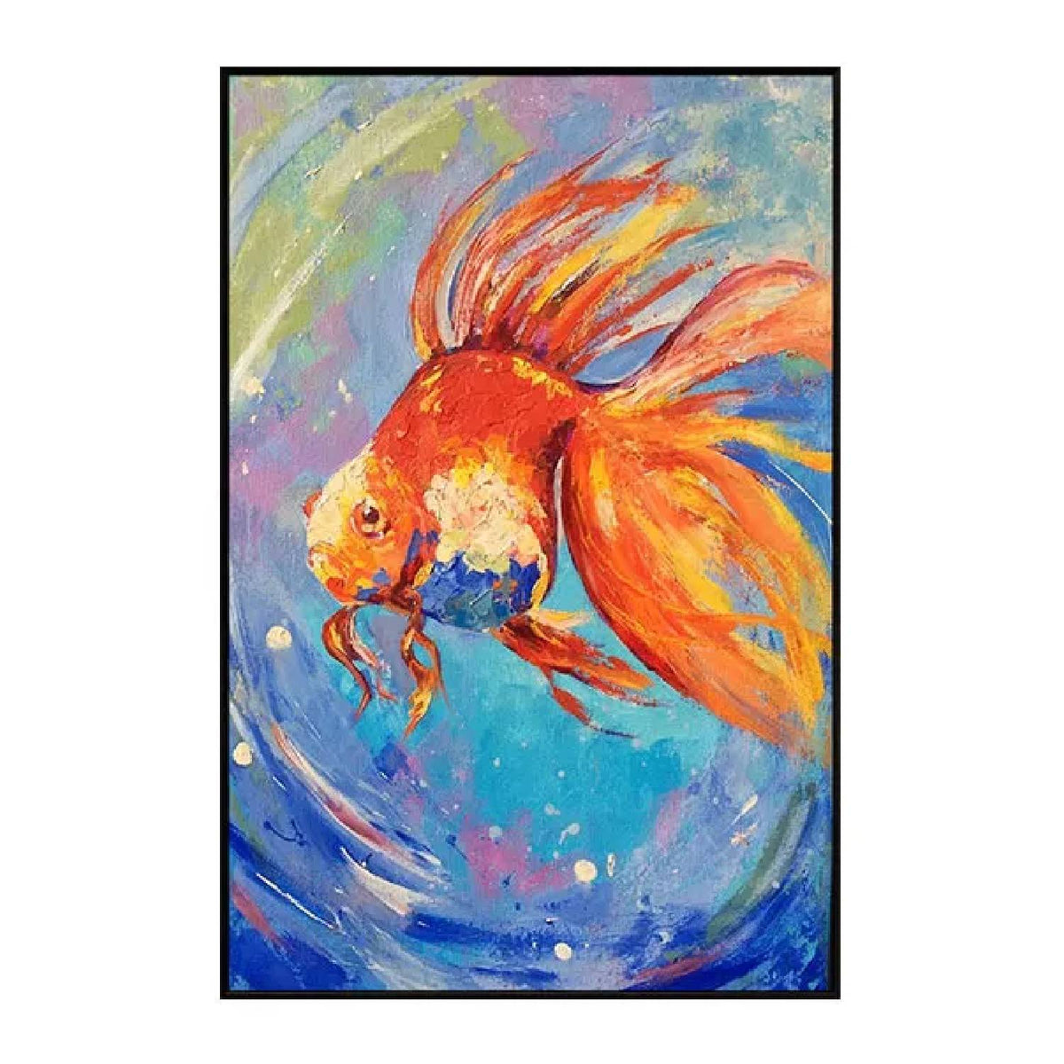 An orange and red goldfish with long flowing fins swims through blue, turquoise and pale green swirling strokes.