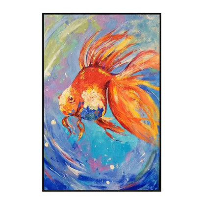 An orange and red goldfish with long flowing fins swims through blue, turquoise and pale green swirling strokes.