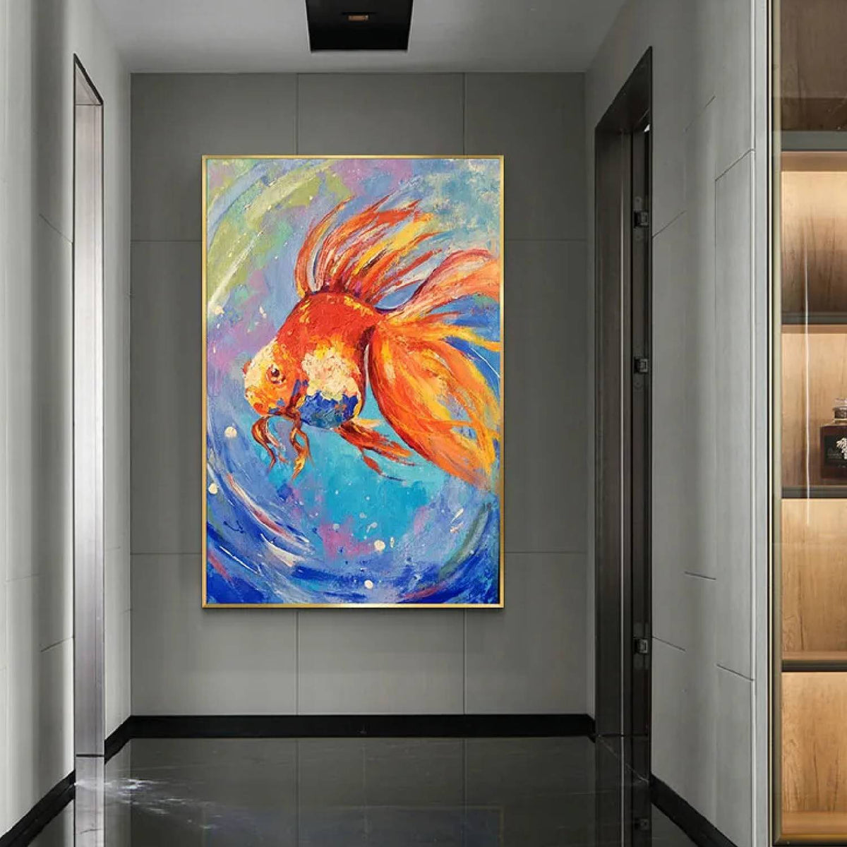 Room mockup. An orange and red goldfish with long flowing fins swims through blue, turquoise and pale green swirling strokes.