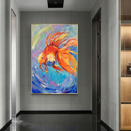 Room mockup. An orange and red goldfish with long flowing fins swims through blue, turquoise and pale green swirling strokes.