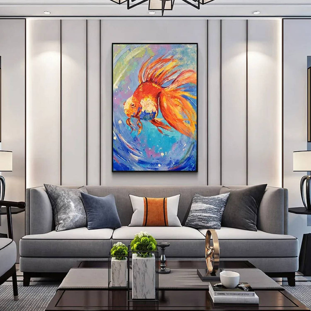 Room mockup. An orange and red goldfish with long flowing fins swims through blue, turquoise and pale green swirling strokes.