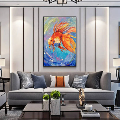 Room mockup. An orange and red goldfish with long flowing fins swims through blue, turquoise and pale green swirling strokes.
