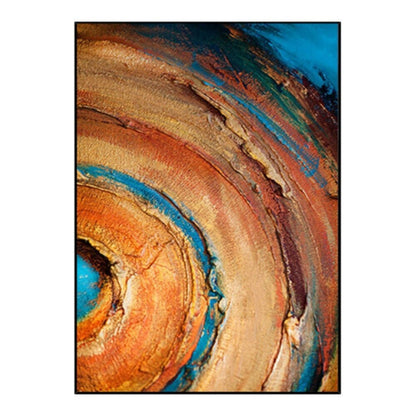 Broad concentric orange, ochre and rust arcs curve around a turquoise centre, with dark blue outer patches and rough texture.