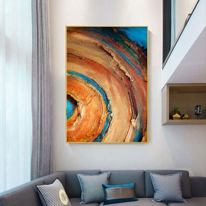 Room mockup. Broad concentric orange, ochre and rust arcs curve around a turquoise centre, with dark blue outer patches and rough texture.