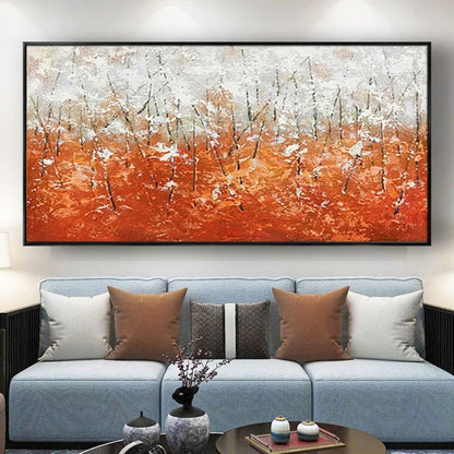 Room mockup. Fine dark tree-like lines stand among dense orange lower dabs and thick pale white marks above.