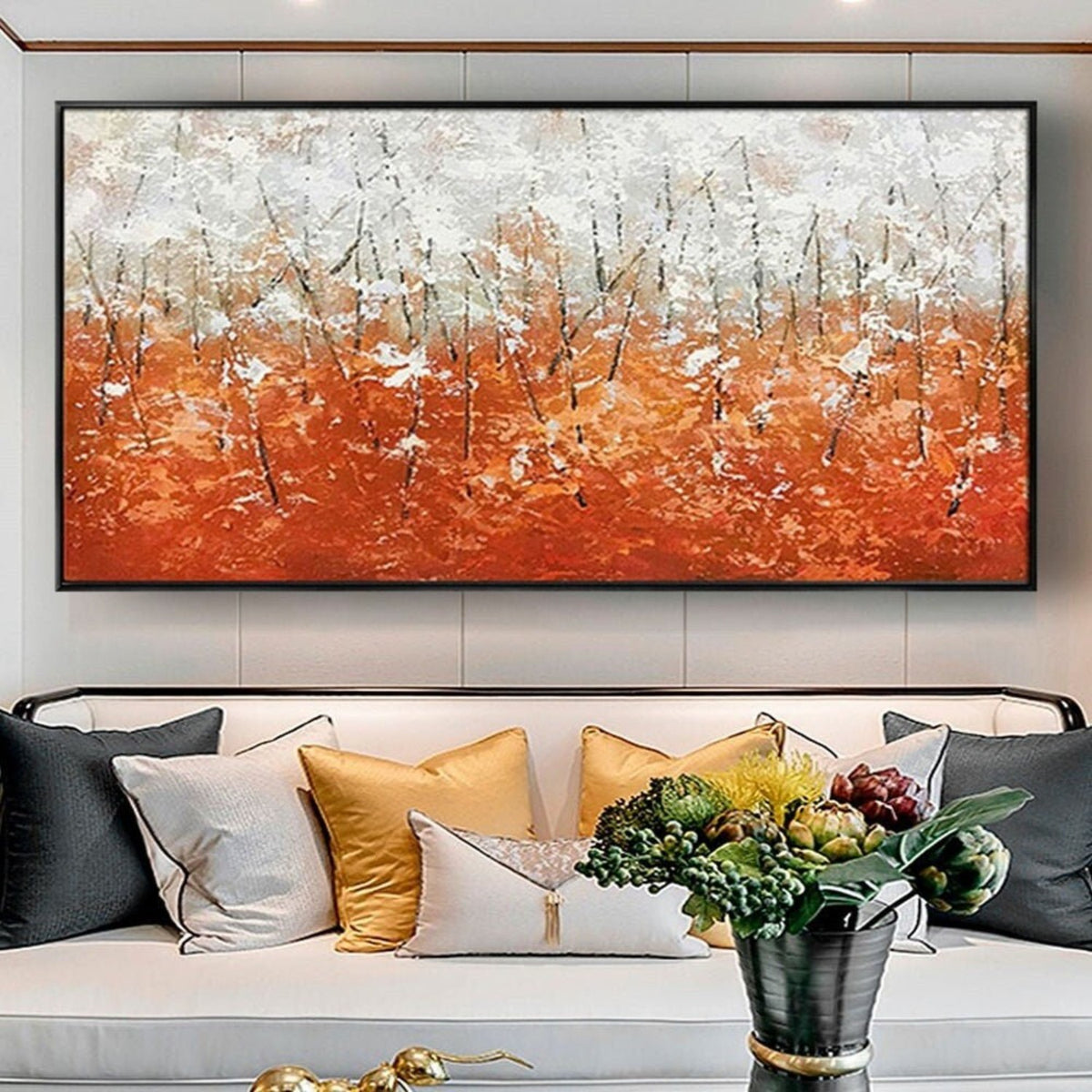 Room mockup. Fine dark tree-like lines stand among dense orange lower dabs and thick pale white marks above.