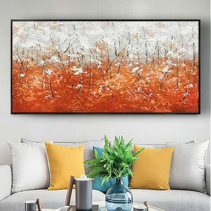 Room mockup. Fine dark tree-like lines stand among dense orange lower dabs and thick pale white marks above.