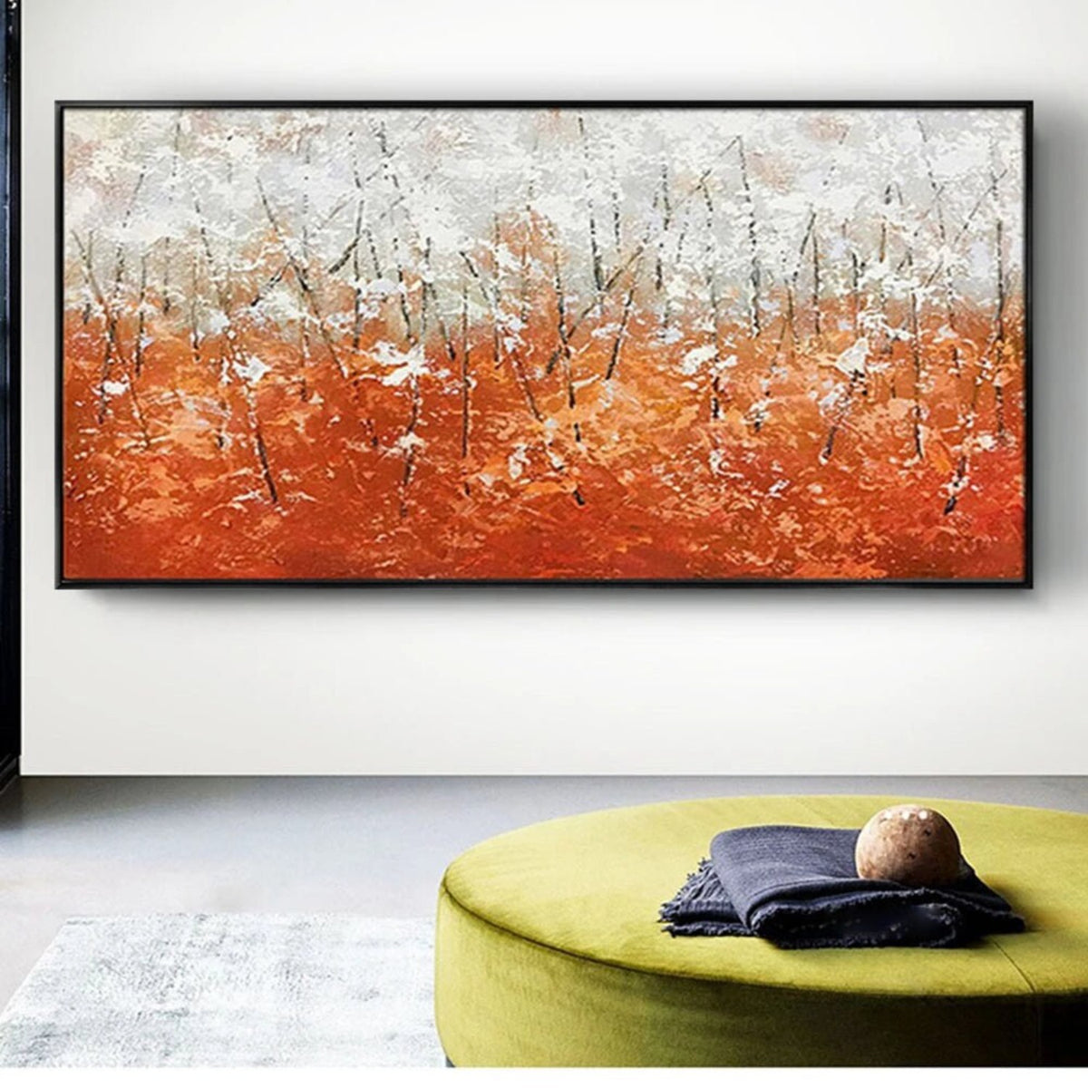 Room mockup. Fine dark tree-like lines stand among dense orange lower dabs and thick pale white marks above.