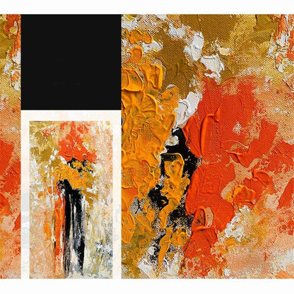 Close-up. Bright orange and yellow flower-like dabs rise above long black stems against a pale cream textured field.
