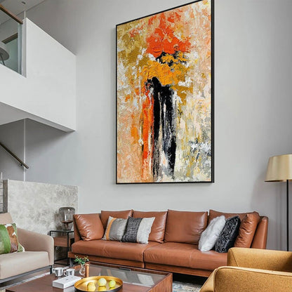 Room mockup. Bright orange and yellow flower-like dabs rise above long black stems against a pale cream textured field.