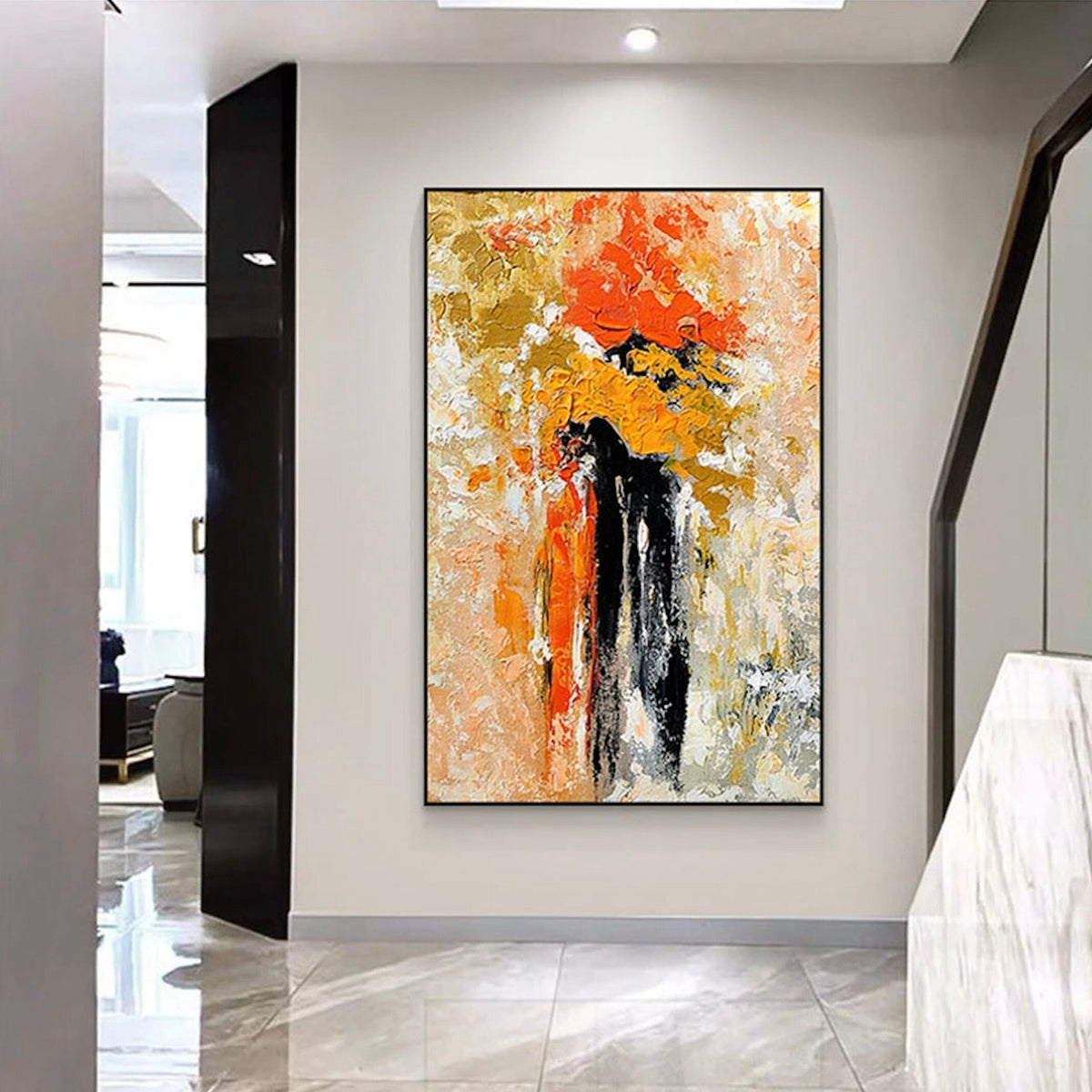 Room mockup. Bright orange and yellow flower-like dabs rise above long black stems against a pale cream textured field.
