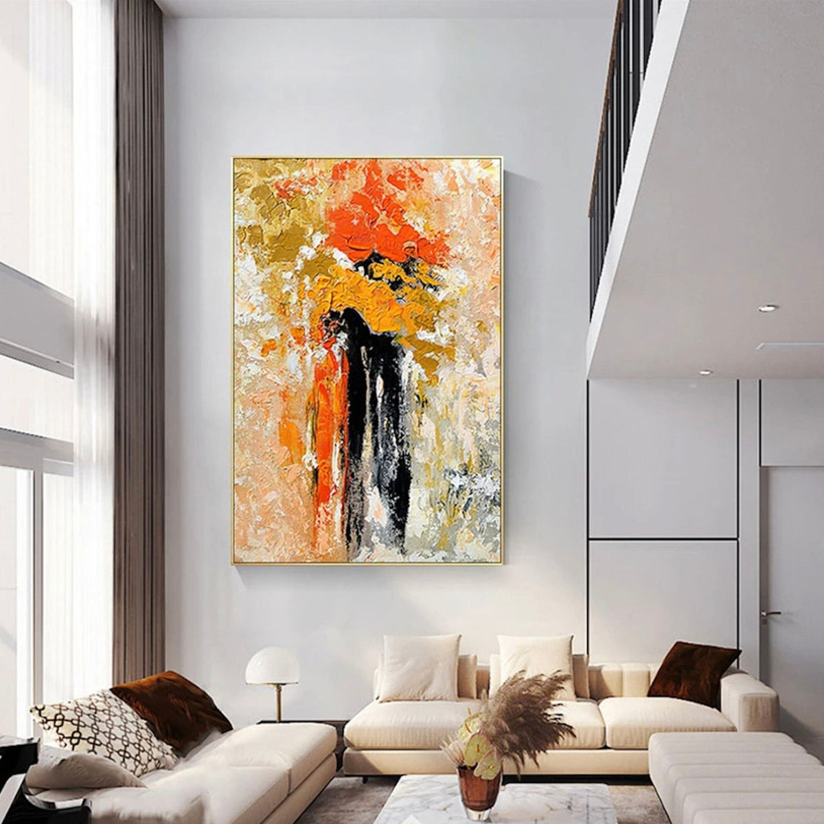 Room mockup. Bright orange and yellow flower-like dabs rise above long black stems against a pale cream textured field.
