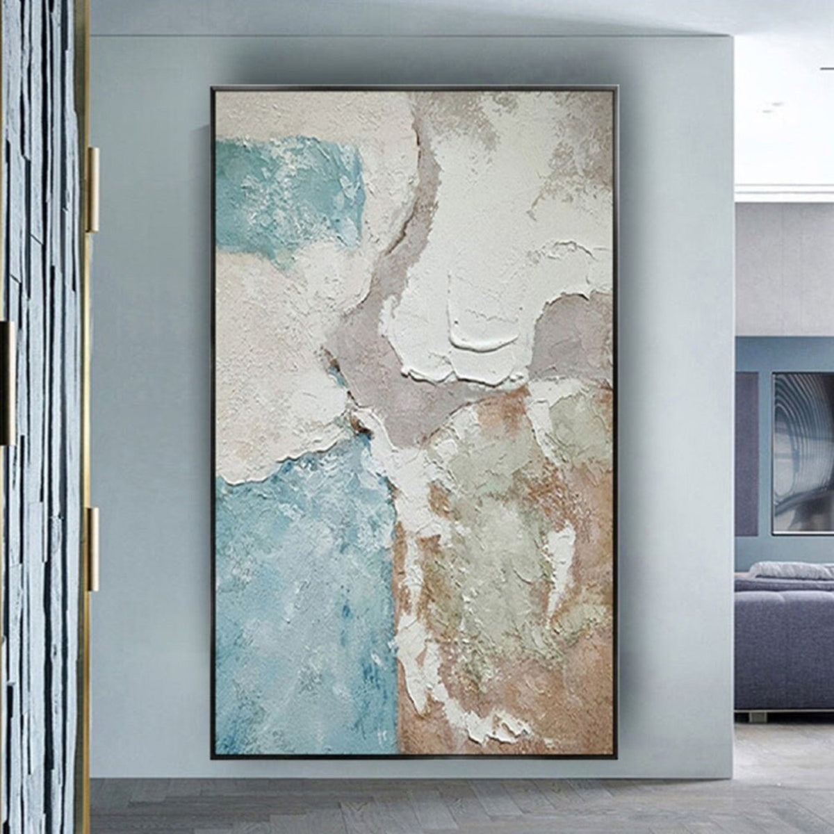 Room mockup. Thick white ridges border irregular pale blue, beige and muted pink textured fields.