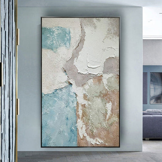 Room mockup. Thick white ridges border irregular pale blue, beige and muted pink textured fields.