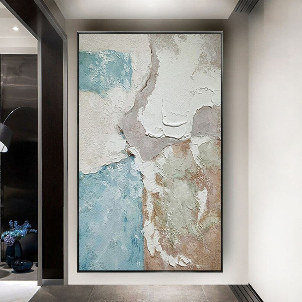 Room mockup. Thick white ridges border irregular pale blue, beige and muted pink textured fields.