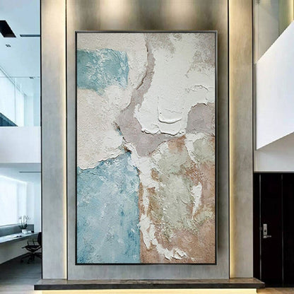 Room mockup. Thick white ridges border irregular pale blue, beige and muted pink textured fields.