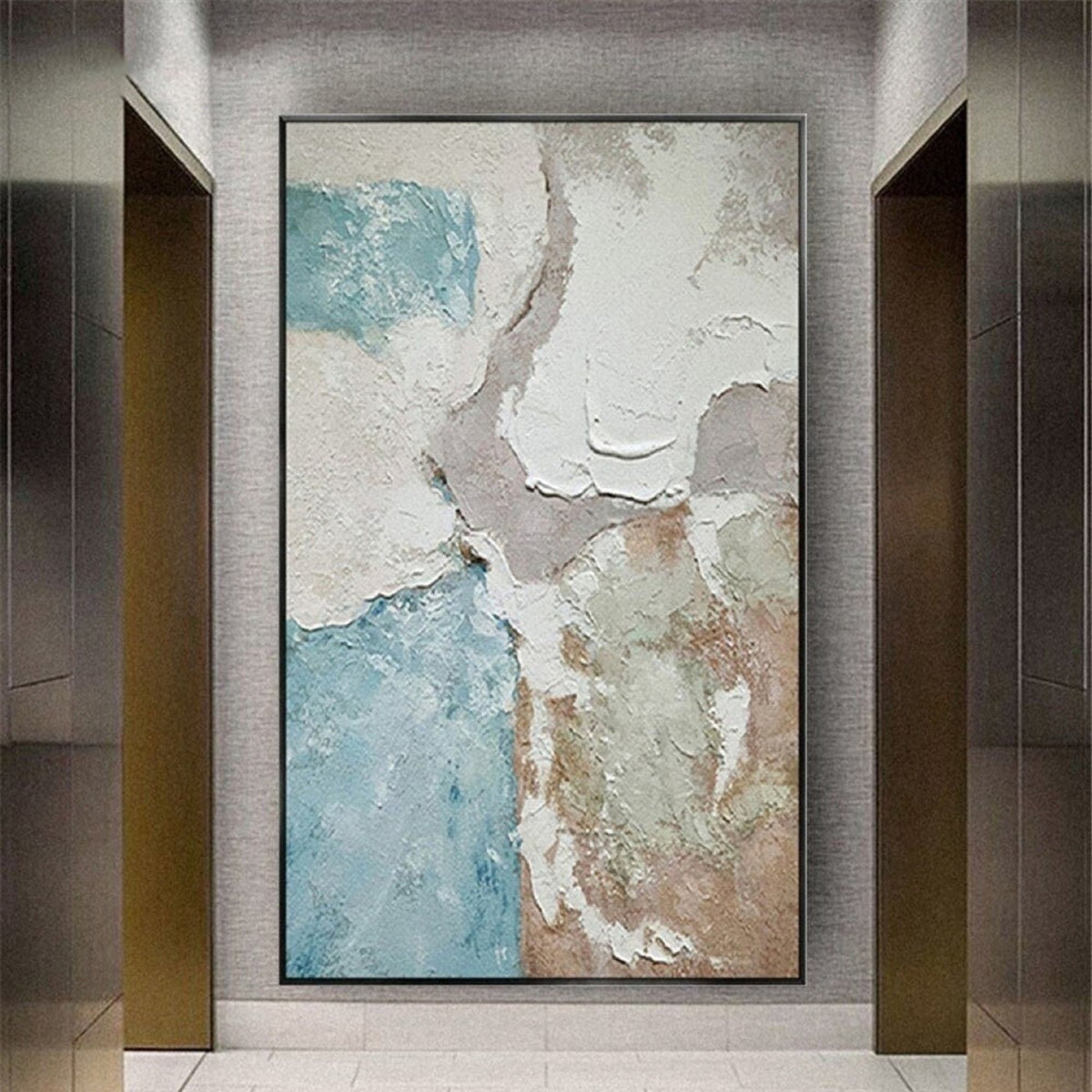 Room mockup. Thick white ridges border irregular pale blue, beige and muted pink textured fields.