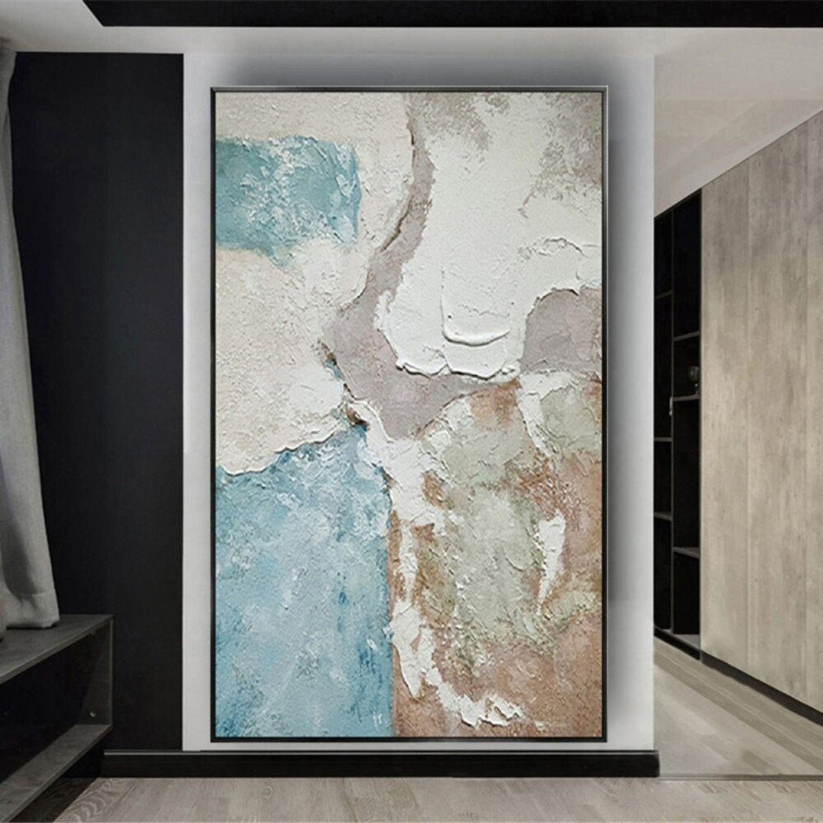 Room mockup. Thick white ridges border irregular pale blue, beige and muted pink textured fields.