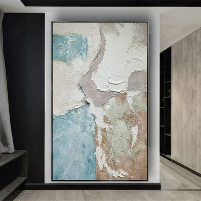 Room mockup. Thick white ridges border irregular pale blue, beige and muted pink textured fields.
