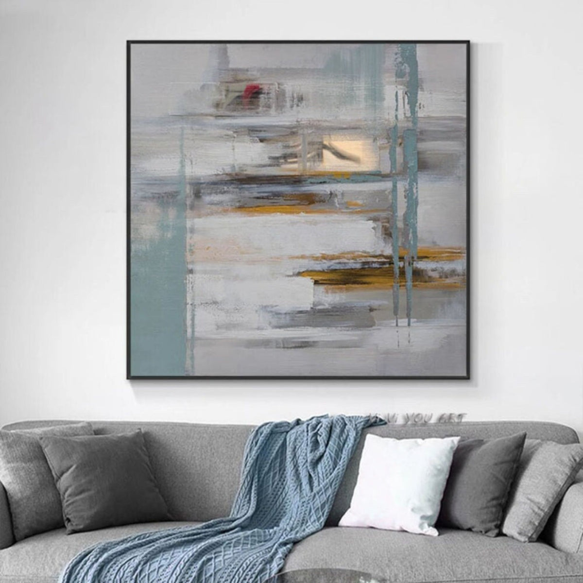 Room mockup. Pale blue-grey and white fields crossed by fine vertical lines and short grey, ochre and rust horizontal strokes.