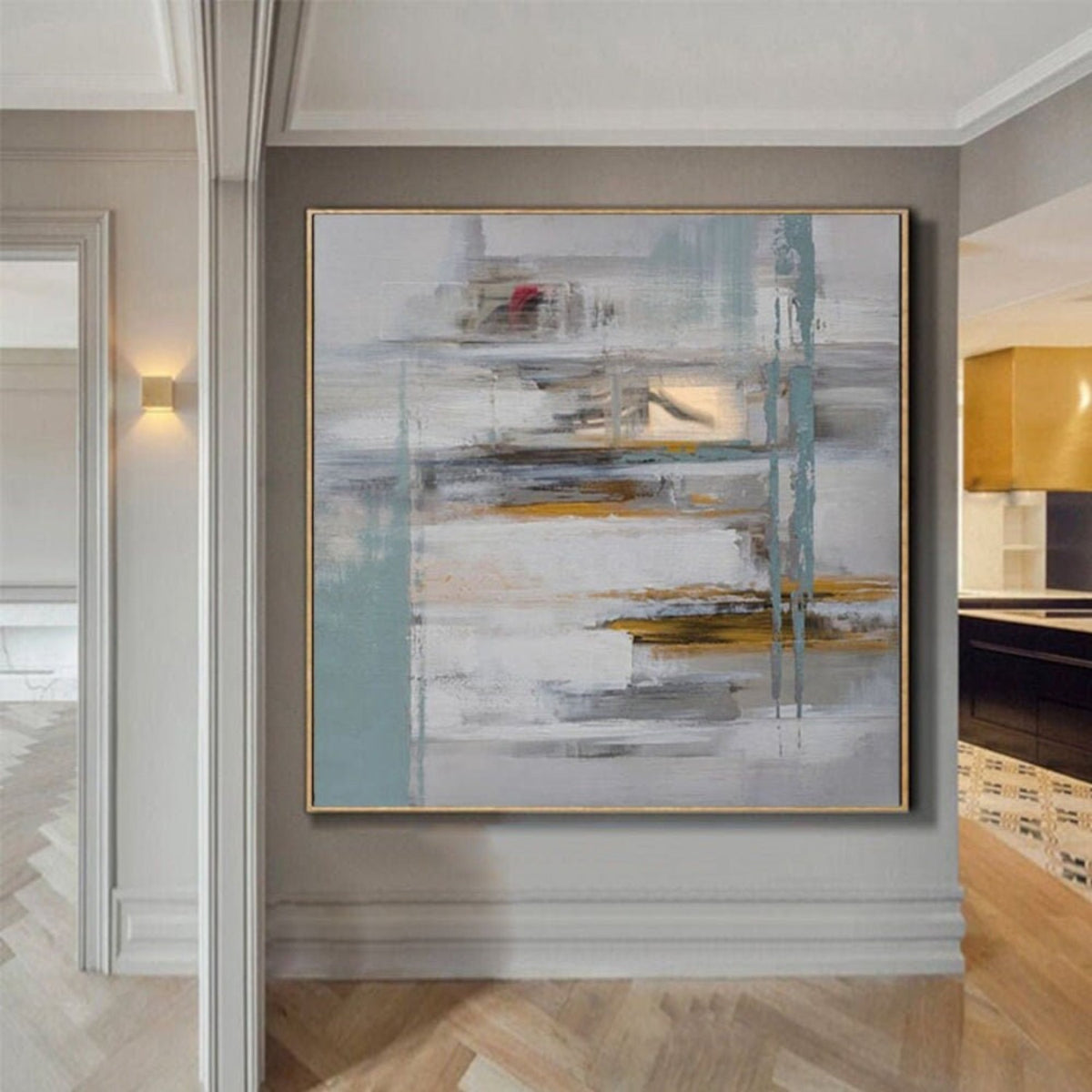 Room mockup. Pale blue-grey and white fields crossed by fine vertical lines and short grey, ochre and rust horizontal strokes.