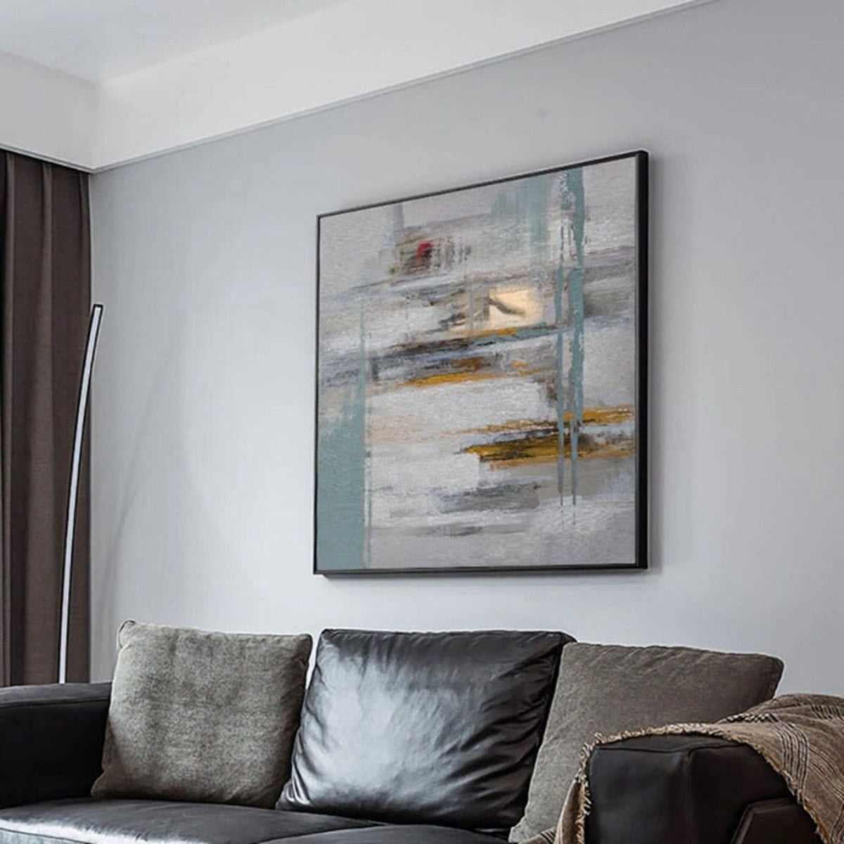 Room mockup. Pale blue-grey and white fields crossed by fine vertical lines and short grey, ochre and rust horizontal strokes.