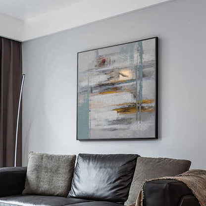 Room mockup. Pale blue-grey and white fields crossed by fine vertical lines and short grey, ochre and rust horizontal strokes.