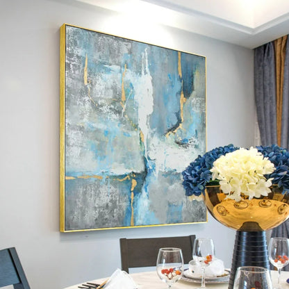 Room mockup showing pale blue, grey and white textured fields crossed by thin dark and gold-coloured irregular lines.