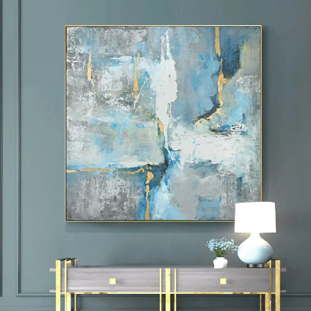 Room mockup showing pale blue, grey and white textured fields crossed by thin dark and gold-coloured irregular lines.