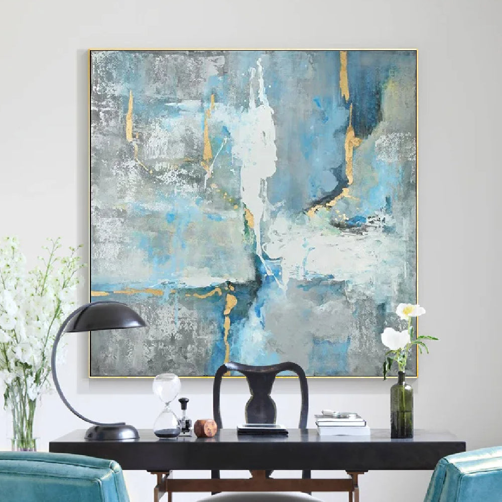 Room mockup showing pale blue, grey and white textured fields crossed by thin dark and gold-coloured irregular lines.