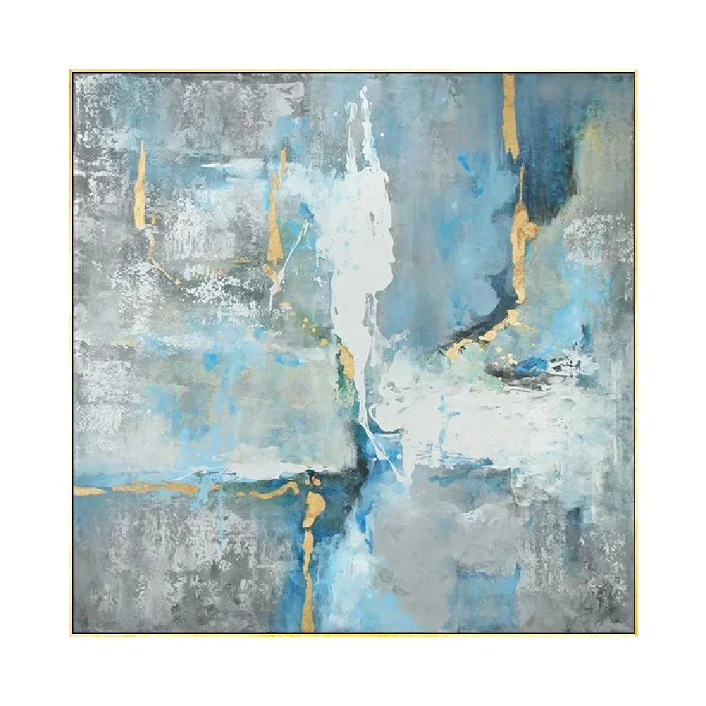 Pale blue, grey and white textured fields crossed by thin dark and gold-coloured irregular lines.