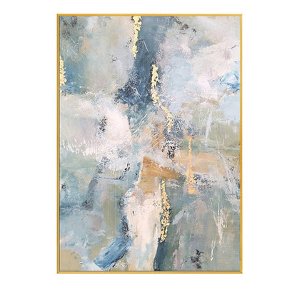 Pale blue, pink and grey scraped fields with thin gold-coloured marks and muted ochre horizontal strokes.