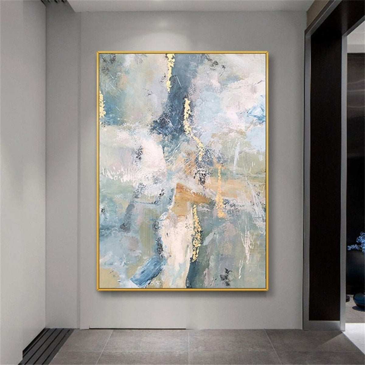 Room mockup. Pale blue, pink and grey scraped fields with thin gold-coloured marks and muted ochre horizontal strokes.