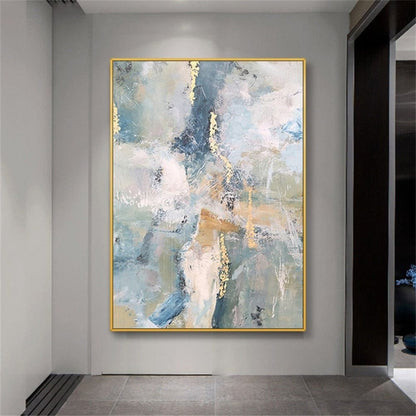 Room mockup. Pale blue, pink and grey scraped fields with thin gold-coloured marks and muted ochre horizontal strokes.