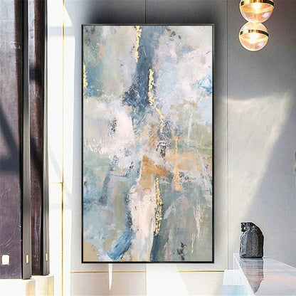 Room mockup. Pale blue, pink and grey scraped fields with thin gold-coloured marks and muted ochre horizontal strokes.