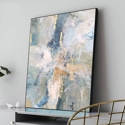 Room mockup. Pale blue, pink and grey scraped fields with thin gold-coloured marks and muted ochre horizontal strokes.