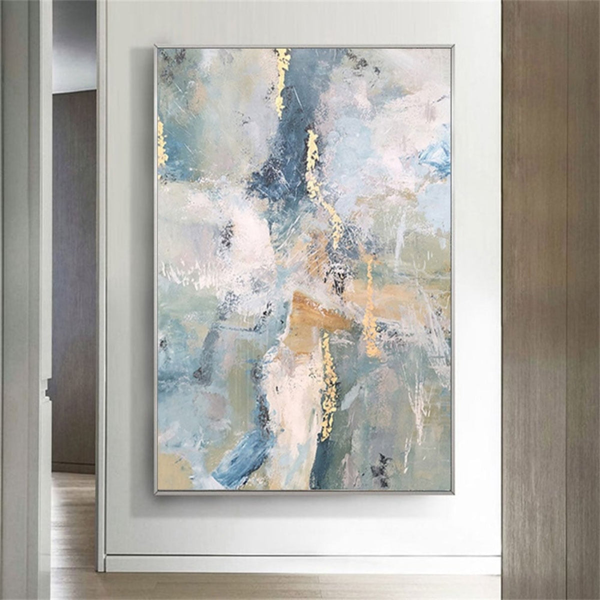 Room mockup. Pale blue, pink and grey scraped fields with thin gold-coloured marks and muted ochre horizontal strokes.
