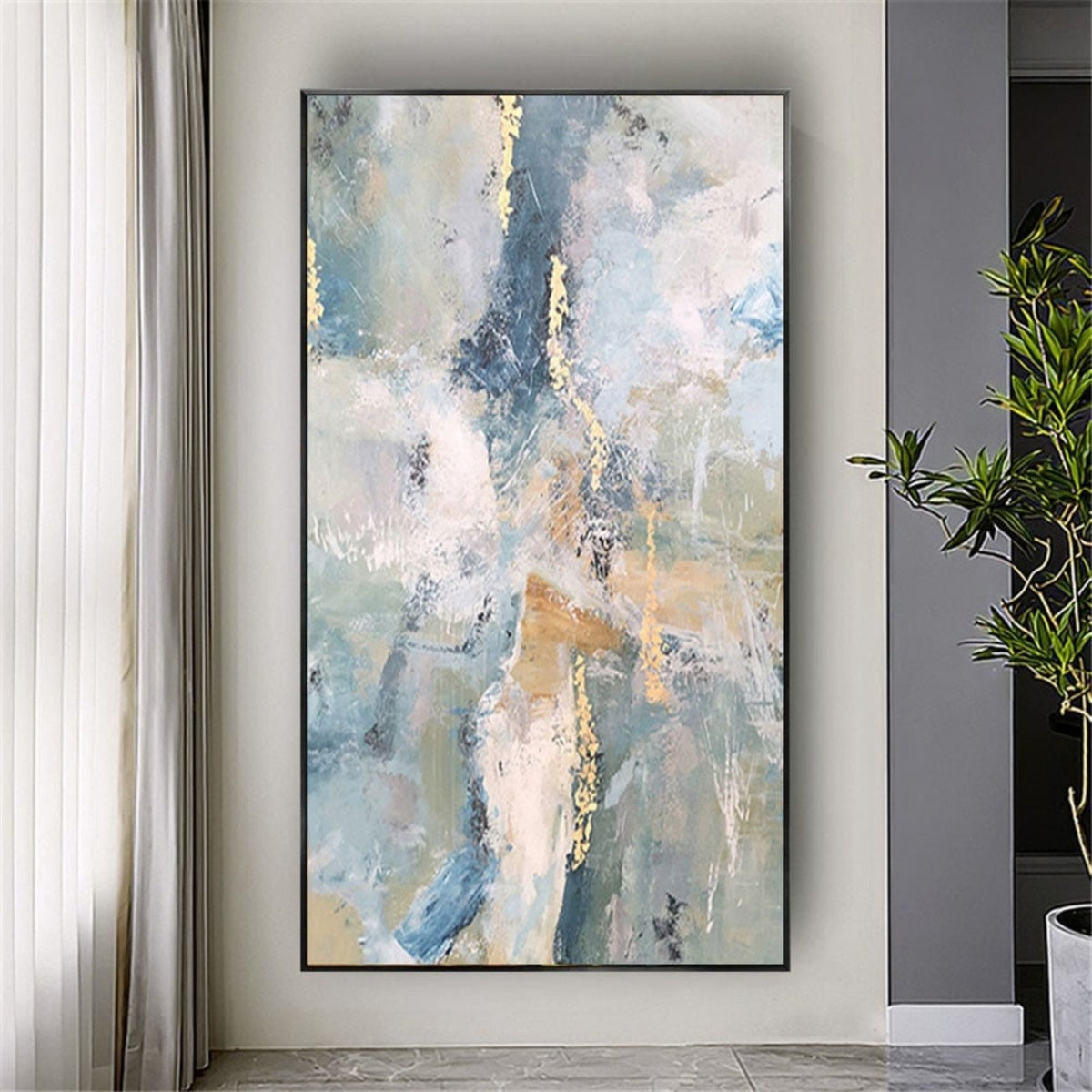Room mockup. Pale blue, pink and grey scraped fields with thin gold-coloured marks and muted ochre horizontal strokes.