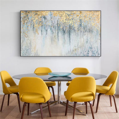 Room mockup. Gold-coloured textured foliage-like marks hang over fine dark vertical drips on a pale blue and white field.