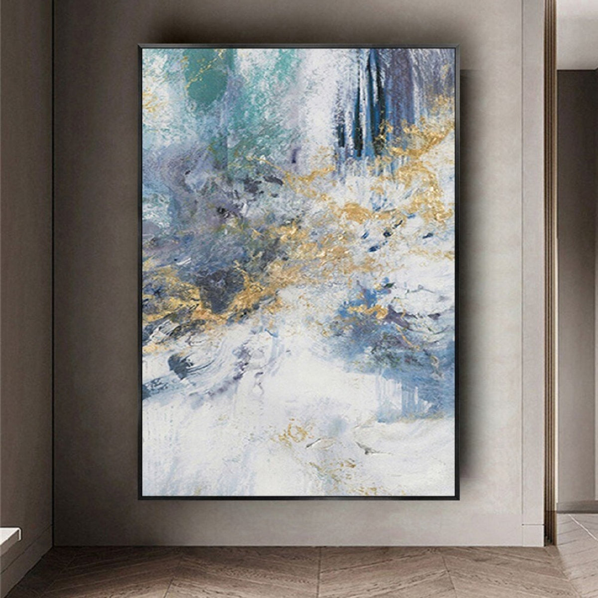 Room mockup. Sweeping pale blue and white textured strokes with dark blue vertical marks and small gold-coloured accents.