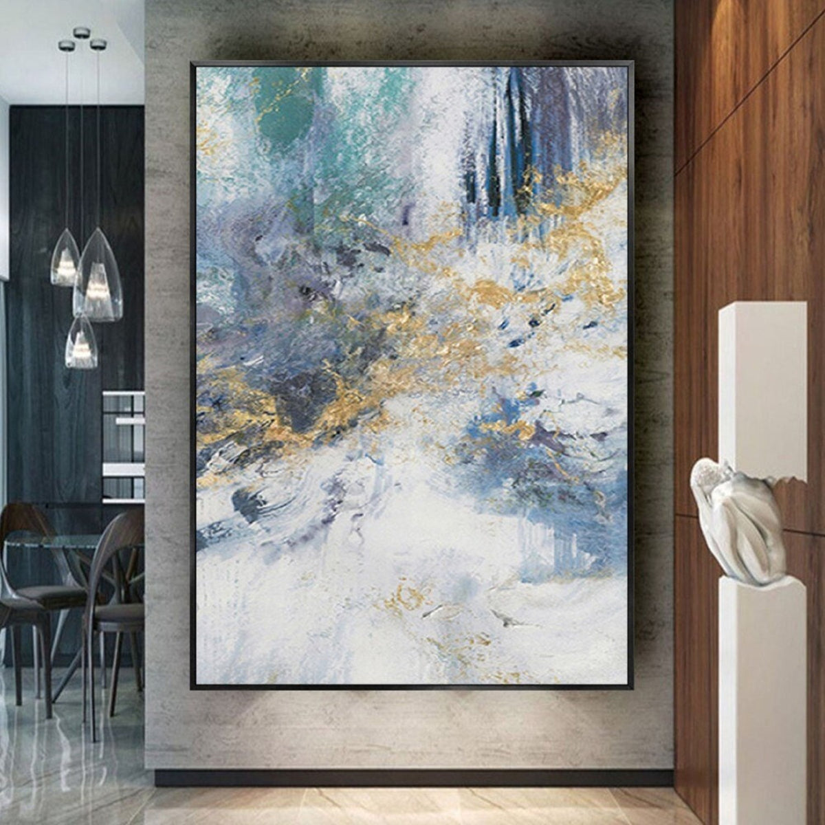 Room mockup. Sweeping pale blue and white textured strokes with dark blue vertical marks and small gold-coloured accents.