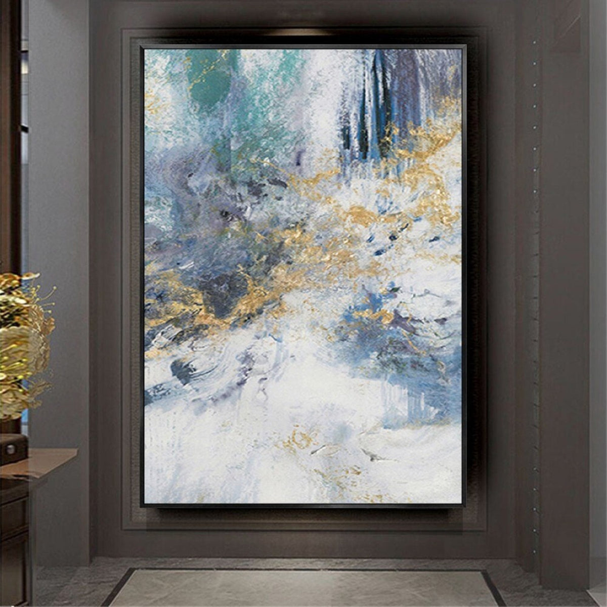 Room mockup. Sweeping pale blue and white textured strokes with dark blue vertical marks and small gold-coloured accents.