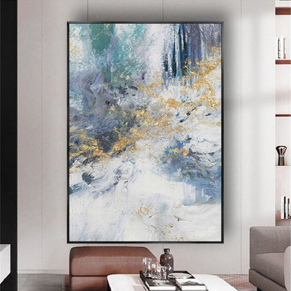 Room mockup. Sweeping pale blue and white textured strokes with dark blue vertical marks and small gold-coloured accents.