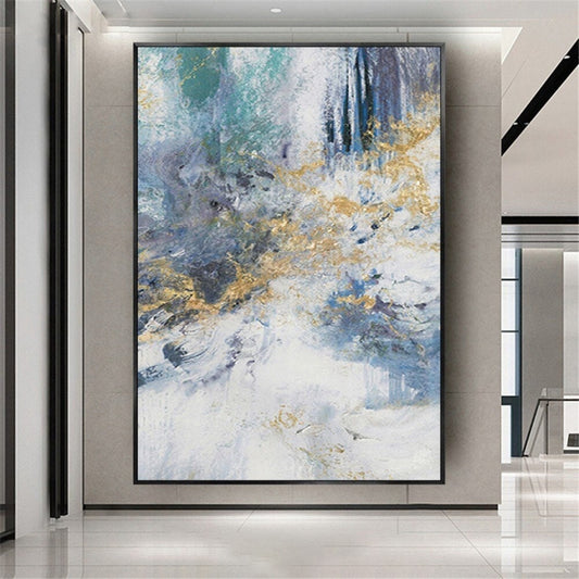 Room mockup. Sweeping pale blue and white textured strokes with dark blue vertical marks and small gold-coloured accents.