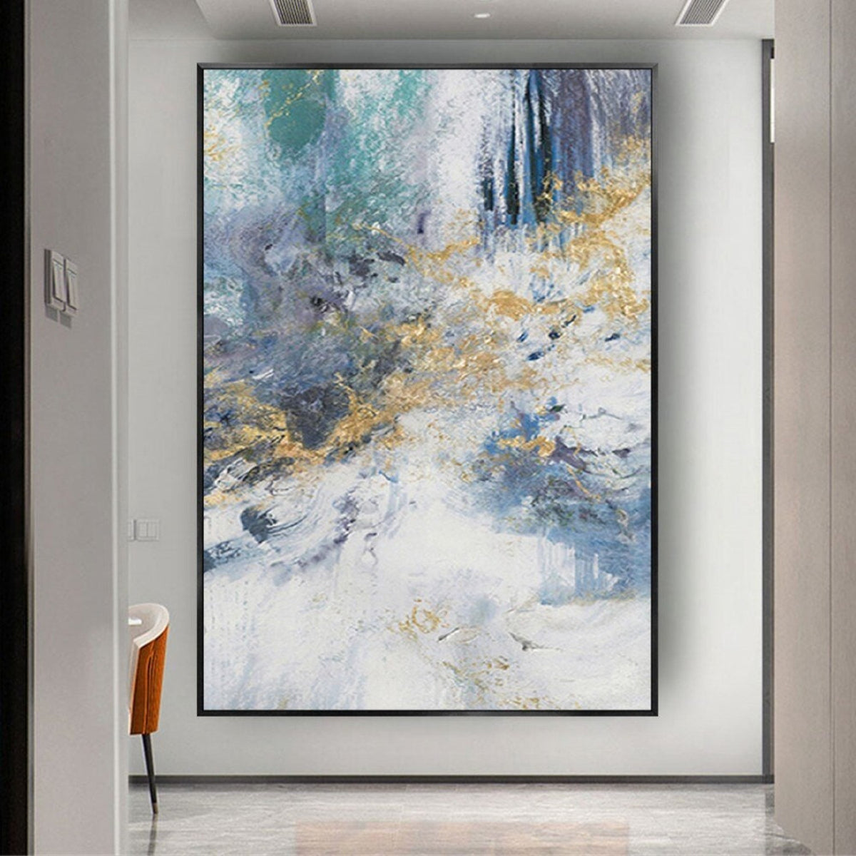 Room mockup. Sweeping pale blue and white textured strokes with dark blue vertical marks and small gold-coloured accents.