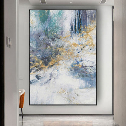 Room mockup. Sweeping pale blue and white textured strokes with dark blue vertical marks and small gold-coloured accents.