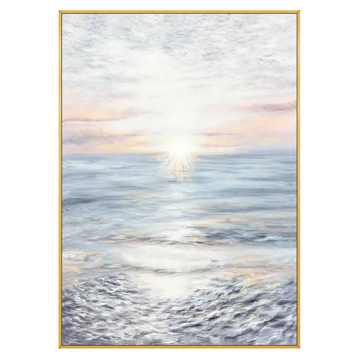 A pale sun near the horizon casts a bright reflection across blue-grey water beneath a softly pink and white sky.